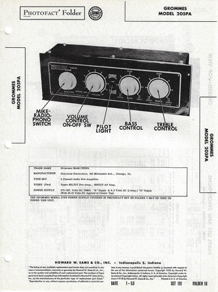 Grommes 205PA - Photofact - Schematic Set 191/Folder 10