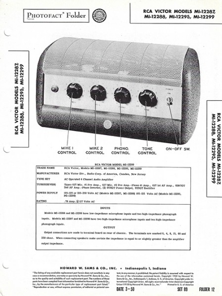 RCA Victor MI-12287, MI-12288, MI-12295, MI-12299 - Photofact - Schematic Set 89/Folder 12