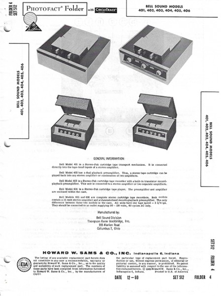 Bell Sound 401, 402, 403, 404, 405, 406 - Photofact - Schematic Set 512/Folder 4