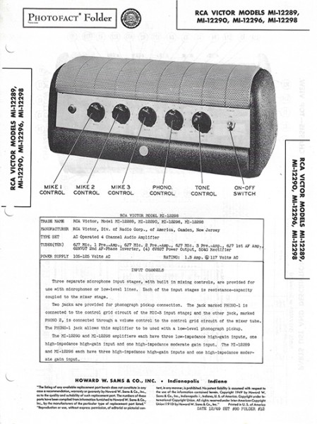 RCA Victor MI-12289, MI-12290, MI-12296, MI-12298 - Photofact - Schematic Set 80/Folder 12