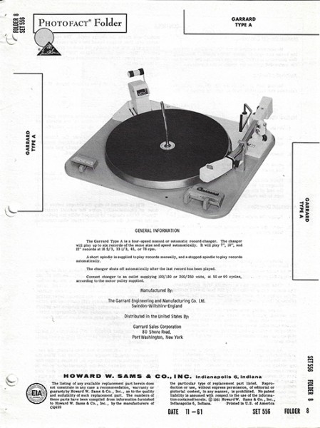 Garrard Type A - Photofact - Schematic Set 556/Folder 8